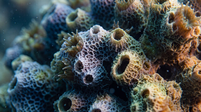 Macro view of textured coral reef colony with intricate porous structures and small polyp openings in a vibrant underwater marine ecosystem
