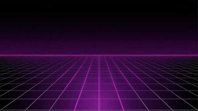 Retro futuristic 80s synthwave background with neon purple wireframe grid on black background