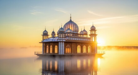 Obraz premium Majestic floating house of worship glows under a golden dawn sky with calm water reflections and soft morning mist creating a serene scene, water, prayer house, golden