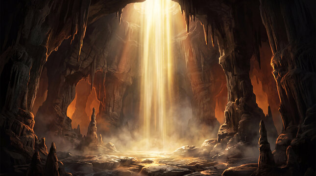 Sunlight streaming into a massive underground cavern with dramatic stalactites, stalagmites, and mystical glowing atmosphere in a deep limestone cave