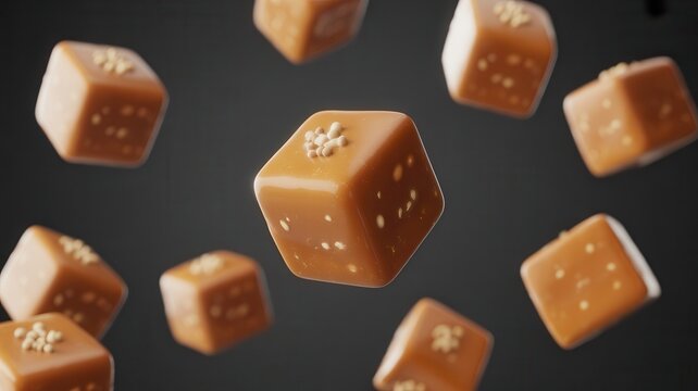 Floating square caramel candies with sugar sprinkles on dark background.