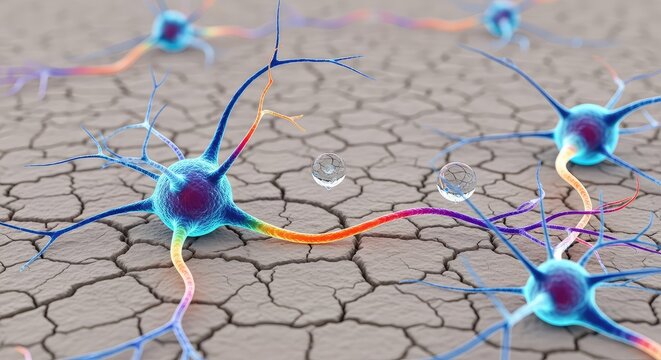 Microscopic view of neurons in a dry environment with dwindling liquid droplets, symbolizing chemical imbalance and reduced brain signals, cognitive, physiology, imbalance