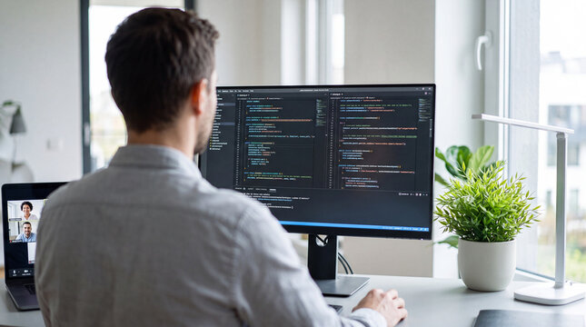 Male software engineer working from home on computer programming code with a video conference call on a laptop during a remote work session in a bright office