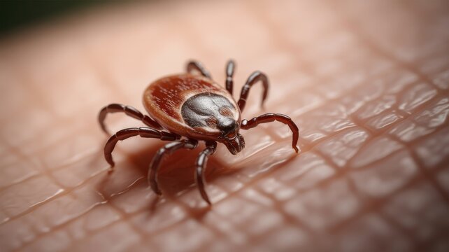 Macro view of a tick crawling on human skin surface