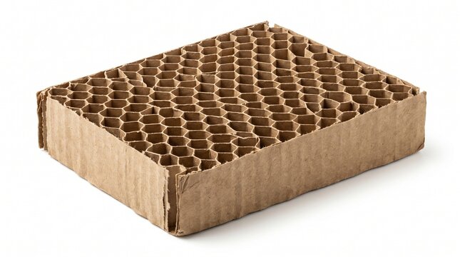 Honeycomb cardboard core block for industrial packaging, recycled brown paper buffer material, sustainable protective shipping filler on white background