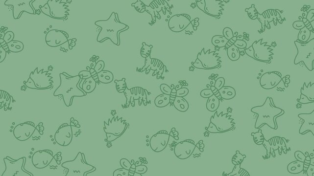 Colorful Pattern Featuring Various Cartoon Fish and Sea Creatures on Green Background.