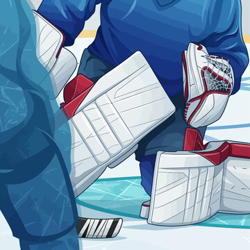 Hockey players engage in a face-off on a frozen ice rink during a competitive sports event.