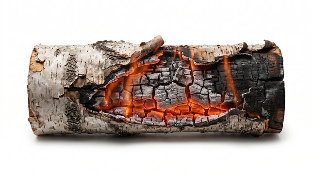 Glowing birch log with burning embers, charred firewood with orange hot coals, smoldering wood log on white background, natural fireplace fuel