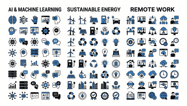 Set of technology icons for artificial intelligence sustainable energy remote work concepts technology artificial intelligence sustainable innovation business computing development