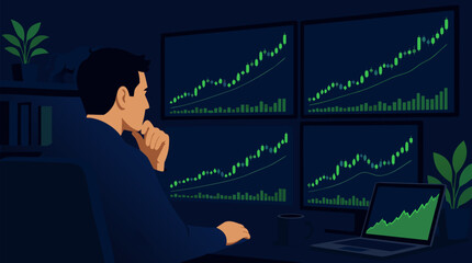 Naklejka premium Focused investor watching rising candlestick stock charts on multiple screens with intense focus in a dark navy and green palette, clean flat vector illustration ideal for finance and investment theme