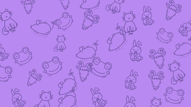 Cute Cartoon Mouse Characters Pattern on Purple Background.
