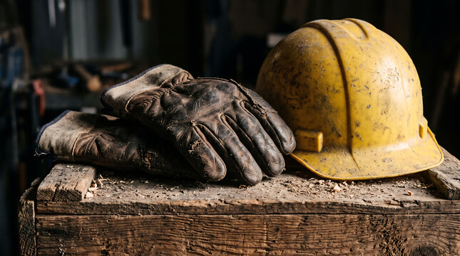 Worn Leather Work Gloves and Yellow Hard Hat on Rustic Wooden Workbench