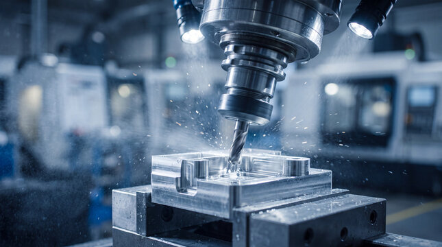 Close up of a cnc milling machine cutting a metal part with coolant spray and bright industrial lighting in a modern manufacturing factory facility