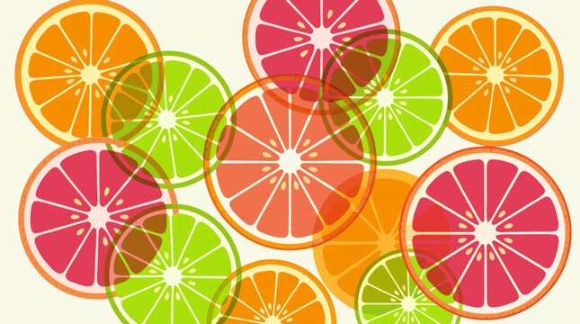Juicy citrus circles in orange, lime, and grapefruit with overlapping transparency in a fresh clean flat vector illustration perfect for food, drink, health, and summer branding on a light background