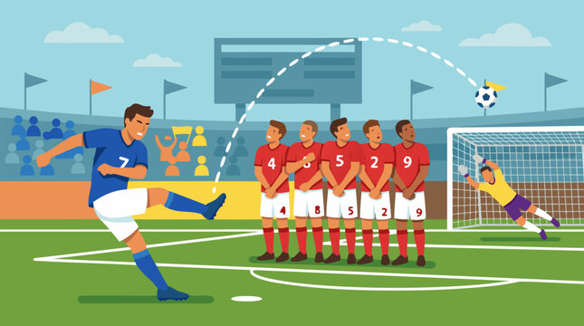 Soccer player curling a free kick over a wall of defenders in a dynamic action-packed flat vector illustration ideal for sports, football clubs, and athletic content on a light background