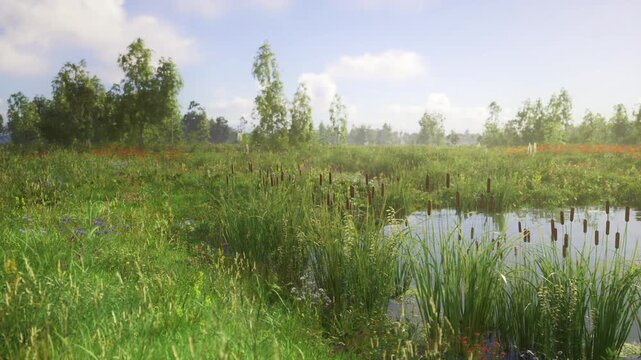 Reflective marsh and distant treeline under pale sky, calm water bordered by thick reed belts and scattered wild plants, soft light creating contemplative