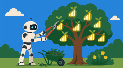 Naklejka premium Robot gardener pruning a tree whose fruits are glowing ascending bar charts, a clean flat vector illustration perfect for artificial intelligence, business automation, and data analytics campaign visu
