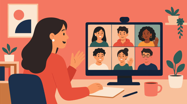 A female teacher conducts an engaging online class as rows of student faces appear on a glowing screen grid in warm coral tones, perfect for e-learning platforms, education technology and remote learn