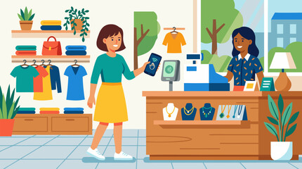 Fototapeta premium Modern flat vector illustration of a person paying with a smartphone at a contactless checkout in a stylish boutique, perfect for fintech payment solutions and retail digital transformation campaigns