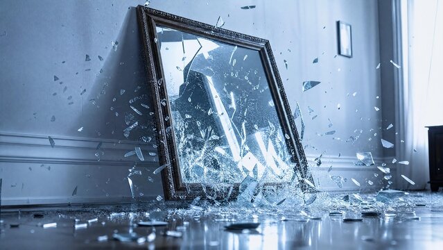 Shattered Mirror with Flying Glass Shards in an Indoor Room
