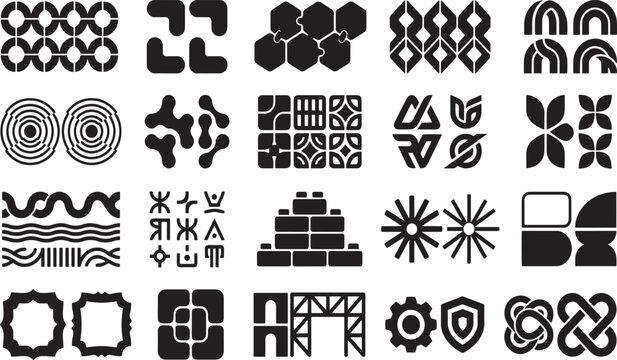 Abstract Geometric Shape and Corporate Logo Mark Element Pack, Modern Minimalist Silhouette Vector Design Set, Trendy Sacred Geometry Forms with Hexagon Grid, Waves, Gear, and Shield Graphic Assets