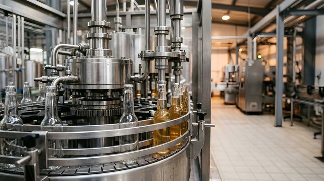 industrial bottling carousel machine filling glass bottles in automated beverage production facility with copy space