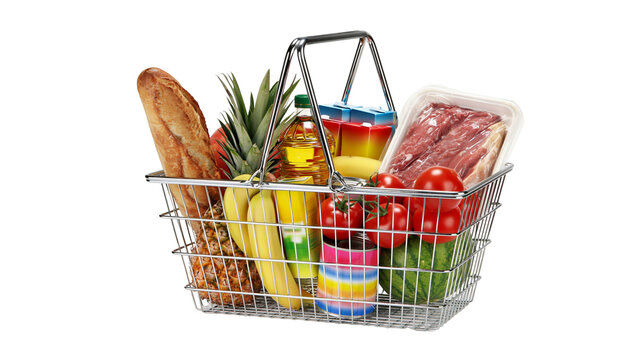 Metal shopping basket filled with fresh groceries and raw meat