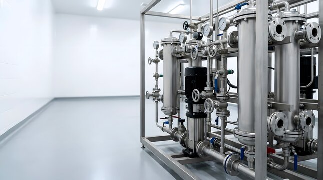 industrial filtration skid system in clean processing room with copy space on left side
