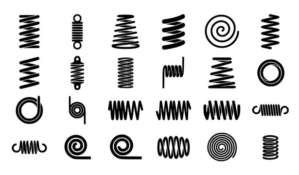 Abstract Spring Coil Collection with Spiral Wire Compression and Mechanical Metal Spring Illustrations