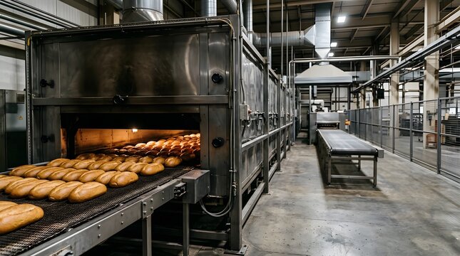 commercial bakery tunnel oven baking bread in industrial food production facility
