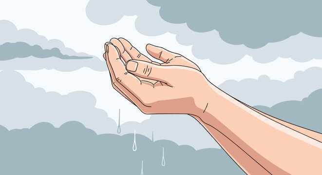 Side view of cupped hands catching falling rain drops from a heavy grey cloudy sky representing hope and nature.