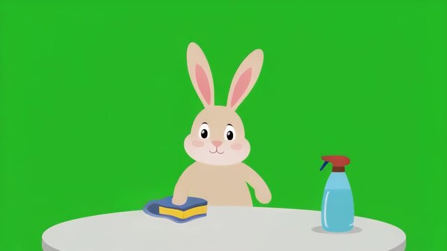 Cute bunny eating at table with bottle during daylight cinematic motion