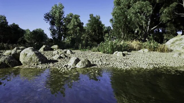 Wide stony riverbank panorama with crisp reflections, bright blue sky, long treeline, mirrorlike water surface, expansive horizon evokes exploration and outdoor