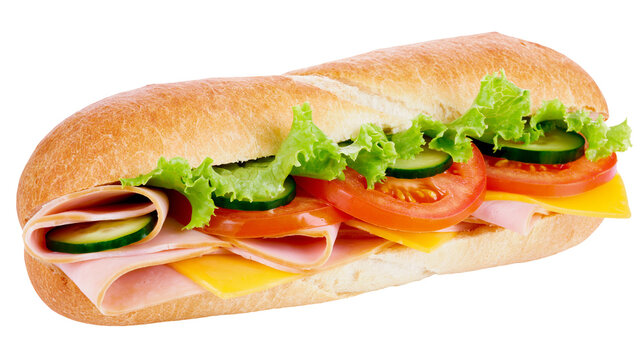 Submarine sandwich with ham cheese lettuce tomato, and cucumber