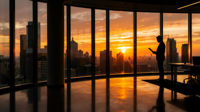 Silhouette of businessman standing by a floor to ceiling window overlooking a metropolitan skyline during golden hour sunset in a luxury modern skyscraper office