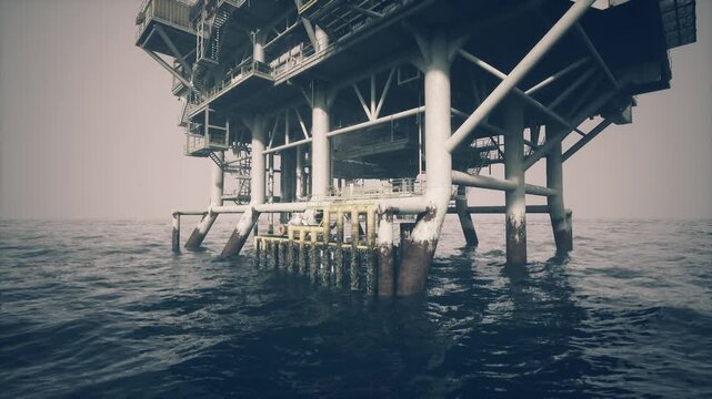 Platform base framed by churning sea and moody sky, weathered metal and barnacle growth visible on supports, cinematic grain and subtle vignette create
