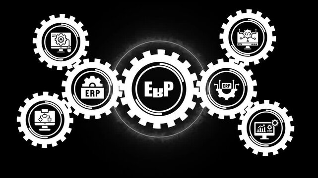 Erp system concept animation: rotating gears with business software for enterprise resource planning, digital transformation, and corporate management strategy