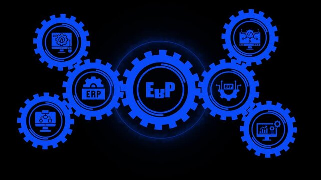 Erp system concept with rotating blue gears and digital business management for corporate software solutions and enterprise resource planning technology animation
