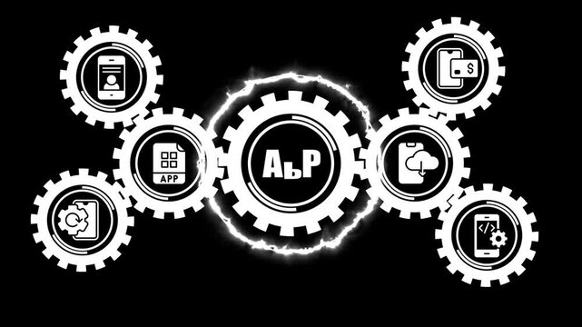 Mobile app development concept with rotating gears and digital software engineering and technology infographic animation on black background