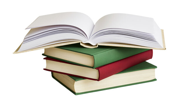 Stack of open and closed books with green and red covers