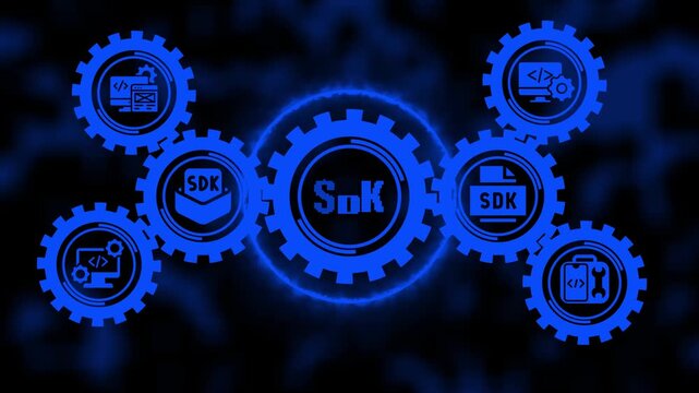 Sdk software development kit concept with rotating gears and coding animation for tech solutions programming