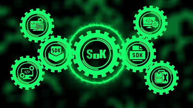 Software development kit sdk concept with rotating gears and programming digital technology background, for tech innovation, coding, and app, development projects