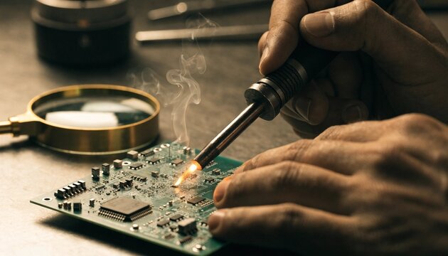 A technician solders components onto a green circuit board with a hot iron tool emitting smoke, ideal for electronics repair and engineering service concepts.