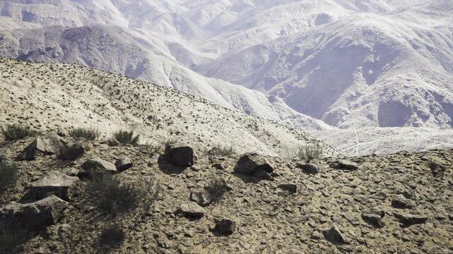 Expansive kyrgyzstan highland panorama under haze, undulating ridgelines stretch toward distant light, scattered rocks and muted tones emphasize scale
