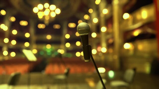 Cabaret microphone in foreground with velvet backdrop, intimate club lighting and warm glow, small round tables and close audience proximity implied.