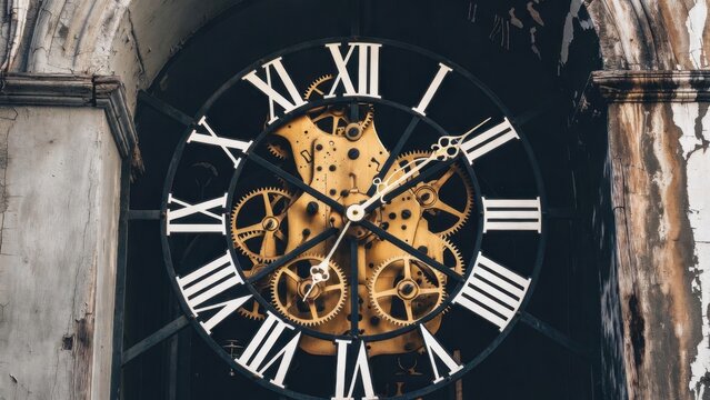 Large mechanical clock face revealing inner gears in tower