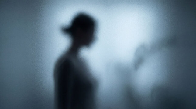 Shadowy human silhouette behind frosted glass in blue misty mood showing privacy mystery loneliness mental health fear suspense secrecy isolation blurred identity concept psychological tension