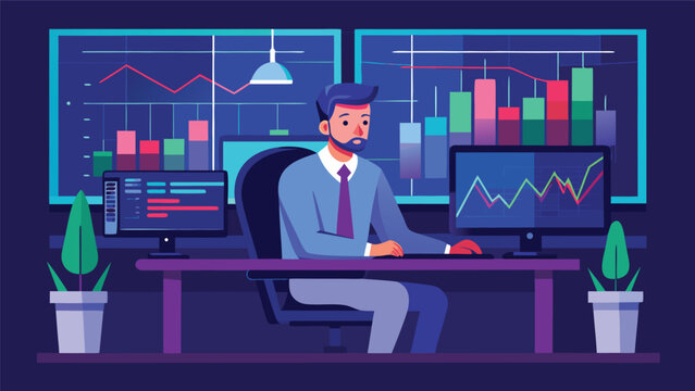 Businessman analyzing financial charts on computer screens in a modern office setting with clear copy space for text