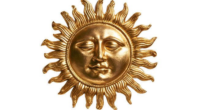 Golden sun face wall decor with closed eyes, isolated on white background