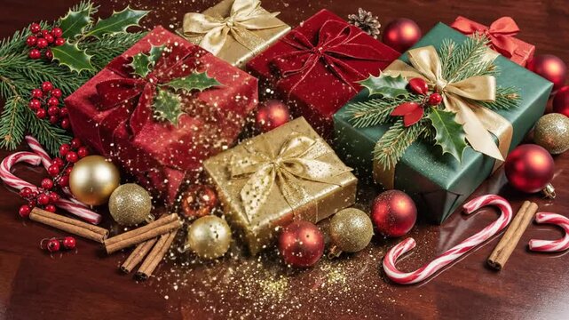 Festive Christmas scene with wrapped presents, ornaments, holly, candy canes, and cinnamon sticks with sparkling effects